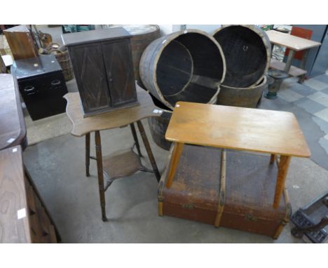 An oak smokers cabinet, steamer trunk, etc.