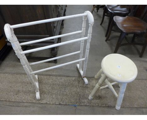 A Victorian painted towel rail and stool