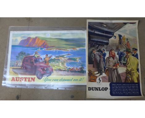 Two vintage advertising posters, Dunlop and Austin, unframed
