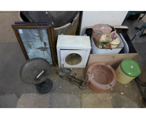Assorted enamel ware, scales, pair of prints, etc.