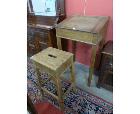 A pine clerk's desk and stool