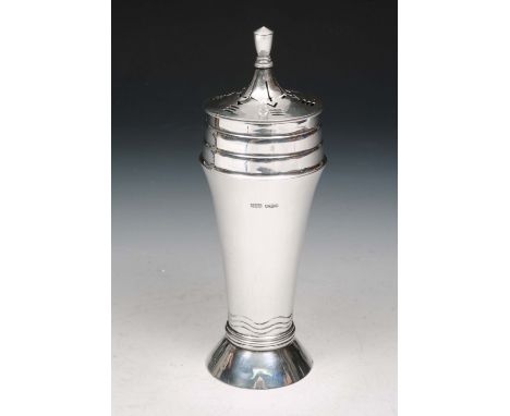 A SILVER ART DECO STYLE CASTOR of plain tapering form with a graduated pierced press on lid and finial, 19cm high, Sheffield 