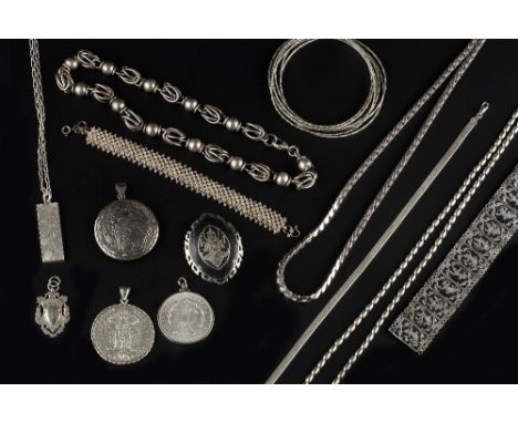 A COLLECTION OF JEWELLERY, comprising various silver and white metal items, to include a silver bead-link necklace by Links o