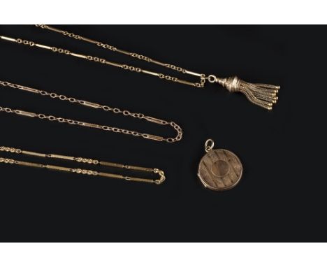 THREE FANCY-LINK CHAINS, the first composed of alternate baton and trace links, suspending a tassel pendant, the second of si