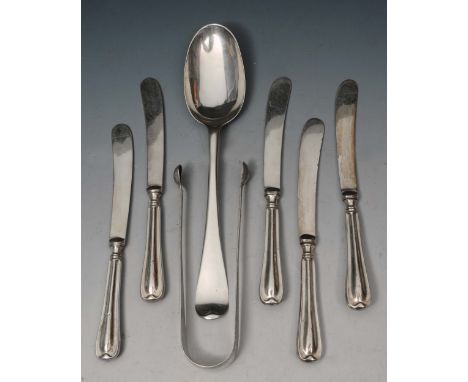 A GEORGE II SILVER HANOVARIAN PATTERN TABLESPOON by Samuel Roby, London 1746; a pair of bright cut sugar tongs by John Lambe;