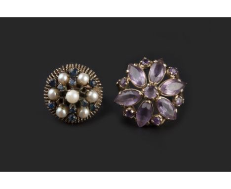 TWO GEM SET CLUSTER RINGS, the first with a flowerhead cluster of navette and circular-cut amethysts, 9ct gold mounted, the s