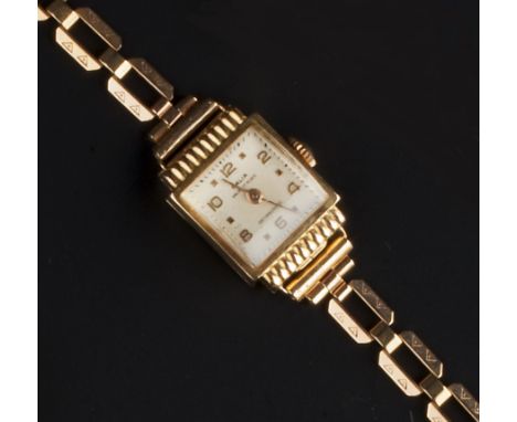 A LADY'S BRACELET WATCH, the square silvered dial with alternate Arabic numerals and square bead markers, signed Galia, to a 