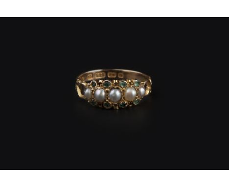 A SMALL COLLECTION OF JEWELLERY, comprising a Victorian half pearl and gem set dress ring, with scroll decorated hoop, 15ct g