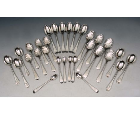 FIVE SETS OF SIX SILVER TEASPOONS, one set plain and shell backed by Josiah Williams & Co. 1916, two sets with shell shaped b