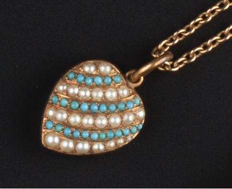 A SMALL COLLECTION OF JEWELLERY, comprising a turquoise and half pearl set heart-shaped locket pendant, with glazed verso, on