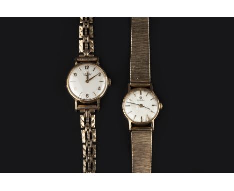 TWO LADY'S 9CT GOLD BRACELET WATCHES, the first with circular silvered dial and gilt baton markers, to a jewelled manual move