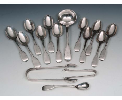 A VICTORIAN SILVER FIDDLE AND THREAD PATTERN SAUCE LADLE, with engraved armorial 18.5cm long, London 1857 by Chawner & Co.; a