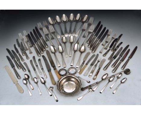 A COLLECTION OF VARIOUS SILVER AND OTHER FLATWARE TO INCLUDE: seven silver Hanovarian pattern table forks, six tablespoons, s