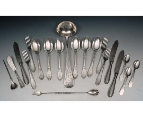 A COLLECTION OF CONTINENTAL FLATWARE TO INCLUDE: an 800 grade German soup ladle with bright cut engraved decoration of blue b