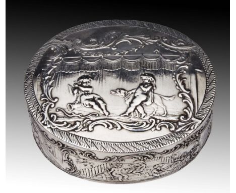 A GERMAN SNUFF BOX, oval shaped and chased with scenes of children at play, 7.5cm long, stamped 800, 2.4 troy oz