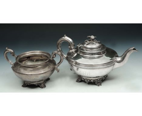 A VICTORIAN SILVER TEAPOT, circular body with banded decoration, domed hinged lid, with a cast floral finial and cast shell f