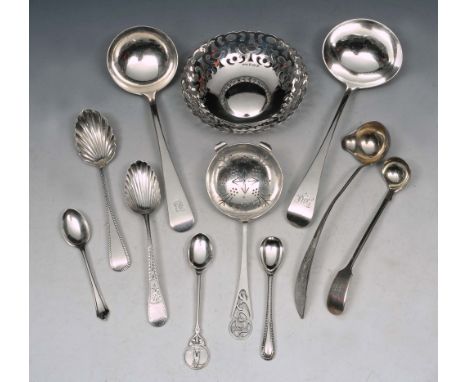 TWO GEORGE III SILVER OLD ENGLISH PATTERN SAUCE LADLES, one by Thomas Wallis II; a silver strainer with pierced handle; seven
