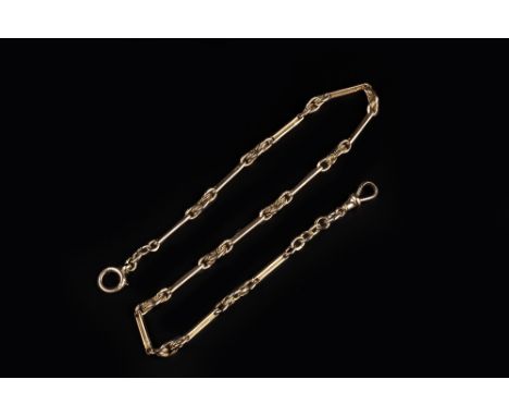 AN 18CT GOLD FANCY-LINK ALBERT CHAIN, composed of alternate fetter and ropetwist links, with swivel and bolt ring clasps, len