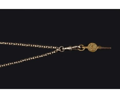 A VICTORIAN 18CT GOLD OPEN FACE FOB WATCH AND A GUARD CHAIN, the circular gilt dial with Roman numerals and outer minute scal