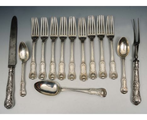 A SET OF NINE GEORGE III SILVER KINGS PATTERN TABLE FORKS, one tablespoon and two dessert spoons, London 1819 by Paul Storr, 