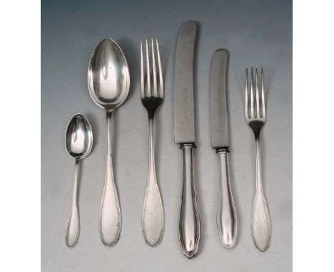 A CONTINENTAL 800 GRADE FIDDLE AND THREAD STYLE PATTERN CANTEEN OF CUTLERY consisting of eight table forks, eight tablespoons