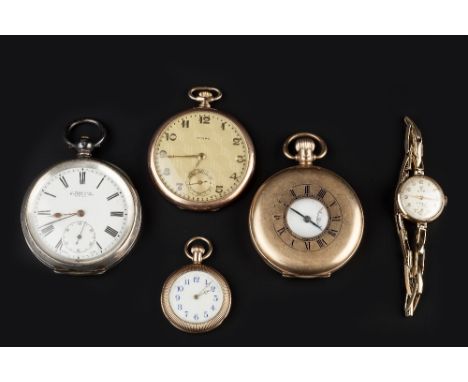 A COLLECTION OF WATCHES, comprising a 9ct gold half hunter pocket watch, the white enamel dial with Arabic numerals and subsi