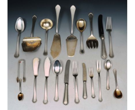 A CANTEEN OF GERMAN 800 GRADE CUTLERY with shell and reeded pattern handles consisting of six of each table forks, dessert fo