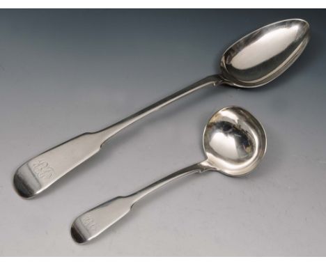 A VICTORIAN SCOTTISH SILVER FIDDLE PATTERN BASTING SPOON, 31cm long, Edinburgh 1837 by James McKay; and a sauce ladle by the 