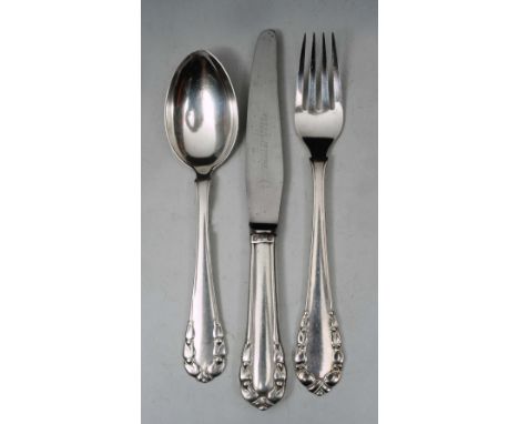 A 'LILY OF THE VALLEY' PATTERN MATCHED CHRISTENING SET by Georg Jensen,  the silver spoon signed and stamped '925S', with imp