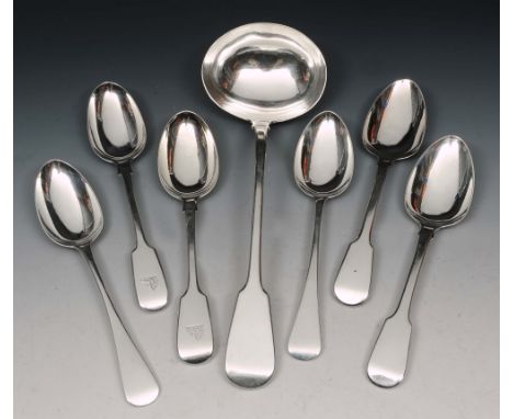 A GEORGE IV SILVER FIDDLE PATTERN SOUP LADLE, 32.5cm long, London 1820 by William Chawner II; a pair of Old English pattern t
