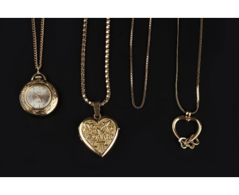 A COLLECTION OF JEWELLERY, comprising an 18ct gold pendant watch, with manual wind movement, on a curb-link chain, an engrave