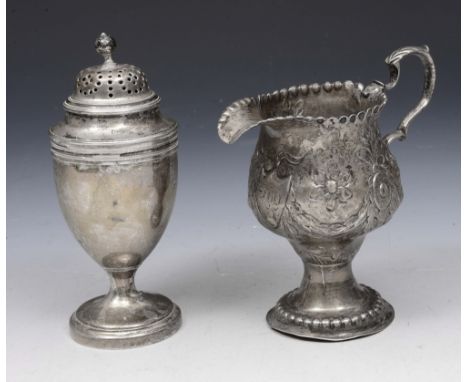 A GEORGE III SILVER CASTOR of plain turned form and with a drilled press on lid with finial, 13cm high, London 1799 by James 