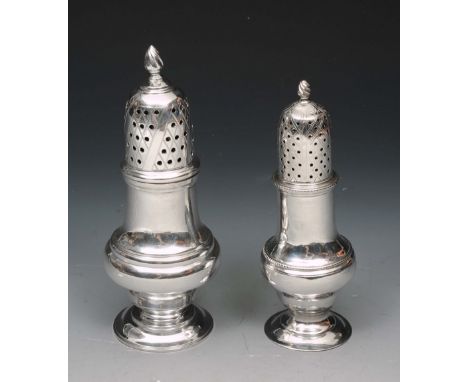 A GEORGE III SILVER CASTOR, baluster shaped with beaded decoration, turned stepped foot, press on drilled lid with frame fini