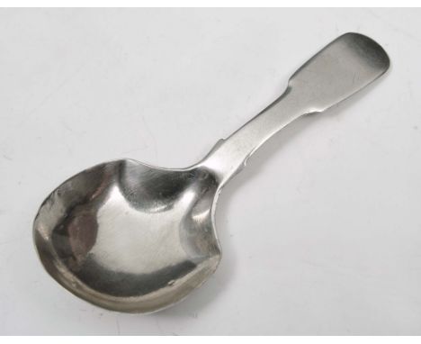 A VICTORIAN SILVER CADDY SPOON with a fiddle pattern handle and shovel shaped bowl, 8.9cm long, Birmingham 1844 by George Uni