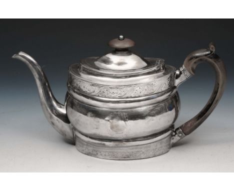 A GEORGE III SILVER OVAL SHAPED TEAPOT with two foliate engraved bands, domed lid, wooden handle and finial, London 1801 by S