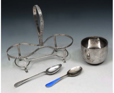 A PLAIN SILVER TUMBLER CUP, 5.7cm high, London 1972 by William Comyns & Sons Ltd; a silver gilt and enamel caddy spoon by Hen