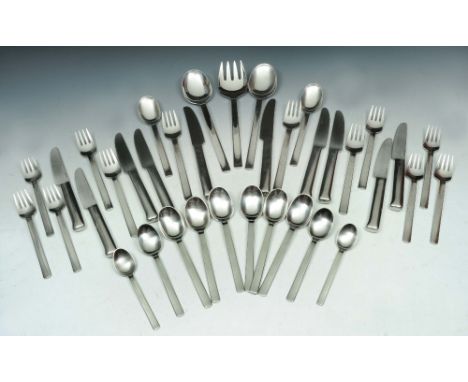 A MATCHED SET OF STAINLESS STEEL 'BO BONFILS' FLATWARE by Georg Jensen, comprising two serving spoons, a serving fork, two la