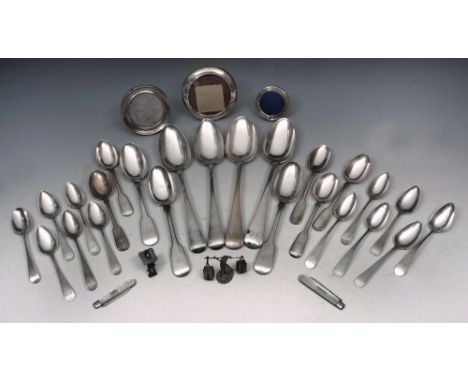 A COLLECTION OF VARIOUS SILVER SPOONS, two pairs of Old English pattern tablespoons by William Schofield 1828 and John & Henr