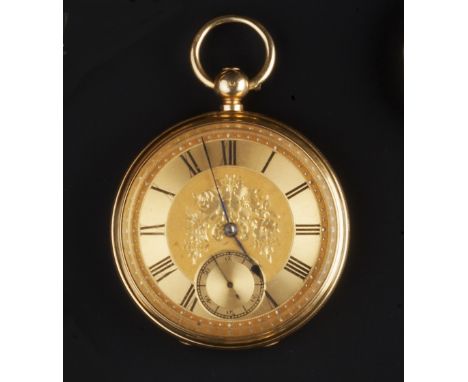 TWO 18CT GOLD OPEN FACE POCKET WATCHES, the first with floral engraved dial, Roman numerals and subsidiary seconds dial, to e
