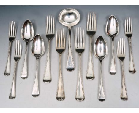 A PART CANTEEN OF SILVER FLATWARE, Old English and reed pattern consisting of: four table forks, four of each dessert forks a