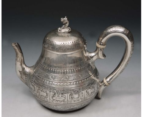 A VICTORIAN SILVER BACHELORS TEAPOT, pear shaped and chased with panels depicting the Signs of the Zodiac, domed lid with a l