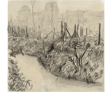 Hubbuch, Karl -- Bachlauf (Neuenbürg im Kraichtal)Kreide in Schwarz und Graphit auf festem Karton. 1920er Jahre.49,8 x 53 cm.