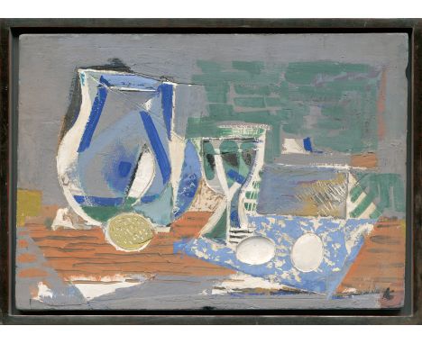 Kinder, Hans -- Stilleben mit KrugGips, reliefiert und mit Tempera farbig gefasst.41 x 58 cm.Unten rechts mit Pinsel in Schwa