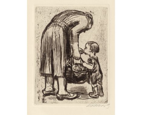 Kollwitz, Käthe -- Stehende Mutter, ihr Büblein fütterndStrichätzung und Aquatinta auf graugrünlichem Kupferdruckpapier. 1928