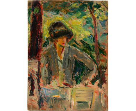 Orlowsky, Käte (Kate) -- Dame im GartenlokalÖl auf Malpappe. 1924.41,2 x 30 cm.Unten links mit Pinsel in Schwarz signiert "K.