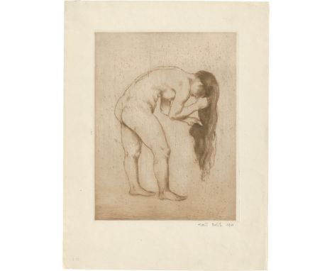 Orlik, Emil -- Frau, sich die Haare waschendRadierung in Rotbraun auf Velin. 1911.23,7 x 18 cm (33 x 25,1 cm).Signiert "emil 