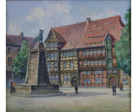 Unbekannte/r Künstler/in - Alt-Braunschweig: Burg mit Handwerkskammer, Aquarell/Gouache auf chamoisfarbenem Papier, unten rec