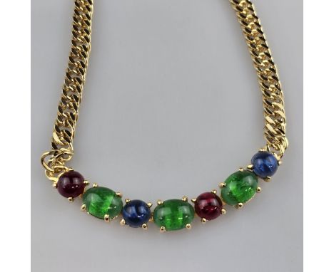 DIOR Vintage-Collier - Christian Dior, Metall goldfarben, Flechtkette, mittiges Zierstück mit großen smaragdgrünen und saphir