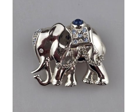 Vintage-Brosche „Elefant“ -- Henkel &amp;amp; Grosse (Pforzheim), Metall versilbert, innen satiniert, Besatz mit farblosen St
