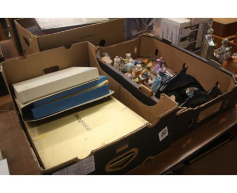 Box of Wedgwood plates and a box of Poole Dolphins etc.